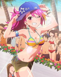 Rule 34 | 10s, ;d, armlet, audience, baseball cap, beach, bikini, bracelet, breasts, cleavage, grin, hat, idolmaster, idolmaster million live!, jewelry, jpeg artifacts, lens flare, long hair, looking at viewer, maihama ayumu, medium breasts, multicolored hair, multiple boys, multiple girls, navel, ocean, official art, one eye closed, open mouth, palm tree, pink eyes, pink hair, shorts, side-tie bikini bottom, smile, solo focus, sunlight, swimsuit, thumbs up, tree, wink