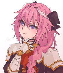 Rule 34 | 1boy, armor, astolfo (fate), black bow, black ribbon, bow, braid, commission, fate/apocrypha, fate (series), gauntlets, hair between eyes, hair intakes, hair ribbon, hand on own chin, highres, long braid, male focus, multicolored hair, non-web source, pauldrons, pink hair, purple eyes, ribbon, rousfairly, shoulder armor, signature, simple background, single braid, solo, streaked hair, thinking, trap, white background
