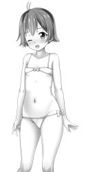 Rule 34 | 1girl, ;d, antenna hair, bare arms, bare shoulders, bikini, blush, bow, bow bikini, breasts, collarbone, commentary request, feet out of frame, greyscale, groin, highres, kantai collection, looking at viewer, monochrome, navel, one eye closed, open mouth, sakawa (kancolle), short hair, simple background, small breasts, smile, solo, standing, swimsuit, testa, white background