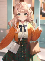 Rule 34 | 1girl, :o, ahoge, alternate costume, alternate hairstyle, bag, blush, braid, buttons, closed eyes, commentary request, cowboy shot, door, dress, falling, french braid, frilled shirt, frills, green eyes, hair ornament, handbag, highres, indie virtual youtuber, light brown hair, light particles, long hair, long sleeves, looking at viewer, meme attire, momoshiki tsubaki, official alternate hair length, official alternate hairstyle, one side up, open mouth, paper bag, petals, pom pom (clothes), pom pom hair ornament, ribbon, shigure ui (vtuber) (casual), shigure ui (vtuber), shirt, shoes, solo, storefront, striped, twintails, umbrella, virgin killer outfit, virtual youtuber, wavy hair