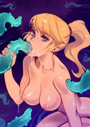 Rule 34 | 1girl, artist name, bad id, bad twitter id, blonde hair, blue eyes, breasts, collarbone, completely nude, consensual tentacles, fellatio, holding tentacle, large breasts, looking at viewer, metroid, mole, mole under mouth, nintendo, nipples, nude, optionaltypo, oral, ponytail, samus aran, shiny skin, slime (substance), solo, tentacle grab, tentacles