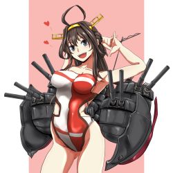 Rule 34 | 10s, 1girl, arms up, brown hair, cannon, collarbone, competition swimsuit, grey eyes, headgear, heart, highres, interlocked fingers, kantai collection, kongou (kancolle), long hair, machinery, one-piece swimsuit, open mouth, simple background, smile, solo, swimsuit, yaruku