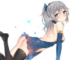Rule 34 | 1girl, arm support, ass, bare arms, bare back, bare shoulders, black thighhighs, blue dress, blue eyes, blush, breasts, detached sleeves, dress, from side, grey hair, looking at viewer, original, ponytail, sideboob, simple background, solo, thighhighs, white background, yuran