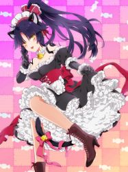 Rule 34 | 1girl, alternate costume, animal ears, ankle boots, bell, black hair, blush, boots, cat ears, cat tail, collar, cross-laced footwear, enmaided, fate/grand order, fate (series), high heel boots, high heels, highres, katou danzou (fate), lace-up boots, maid, maid headdress, neck bell, ponytail, ribbon, solo, tail, tail ornament, tail ribbon, unakura, yellow eyes