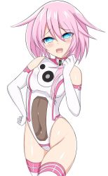 Rule 34 | bare shoulders, blue eyes, bodysuit, boots, breasts, gloves, happy, highres, neptune (series), open mouth, pink hair, ram (neptunia), short hair, small breasts, stiris rangetsu, thighs, white sister ram