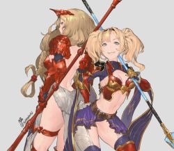 Rule 34 | 2girls, armor, armored boots, artist name, athena (granblue fantasy), bare back, blonde hair, blue eyes, boots, braid, breasts, butt crack, cleavage, from behind, frown, gauntlets, granblue fantasy, hair intakes, hair ornament, hairband, height difference, highres, holding, holding weapon, leaning forward, long hair, looking at viewer, medium breasts, midriff, multiple girls, n9+, navel, open mouth, pauldrons, pink lips, polearm, red armor, serious, shoulder armor, stomach, thighhighs, thighs, twin braids, twintails, twitter username, wavy hair, weapon, zeta (granblue fantasy)
