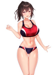 Rule 34 | 1girl, absurdres, artist request, breasts, brown hair, buruma, cameltoe, cleavage, collarbone, cowboy shot, gluteal fold, highres, large breasts, long hair, looking at viewer, midriff, navel, original, ponytail, red eyes, simple background, smile, solo, sports bikini, standing, white background