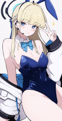 Rule 34 | 1girl, animal ears, blonde hair, blue archive, blue bow, blue bowtie, blue eyes, blue hair, blue halo, blue leotard, blush, bow, bowtie, breasts, cleavage, closed mouth, detached collar, fake animal ears, grey background, halo, headset, highres, jacket, leotard, long hair, looking at viewer, medium breasts, multicolored hair, official alternate costume, playboy bunny, rabbit ears, simple background, solo, thighs, toki (blue archive), toki (bunny) (blue archive), two-tone hair, v, white jacket, yun (kbdenz9)