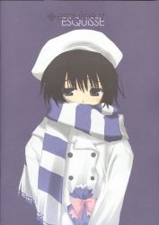 Rule 34 | 1girl, amazuyu tatsuki, beret, black eyes, black hair, blush, coat, covered mouth, hat, highres, original, ribbon, scan, scarf, short hair, simple background, solo, striped clothes, striped scarf, upper body, white beret, white hat