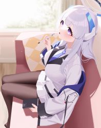Rule 34 | 1girl, absurdres, black pantyhose, blue archive, blue necktie, book, breasts, couch, grey hair, hair between eyes, halo, headphones, highres, indoors, jacket, large breasts, leavv, long hair, mechanical halo, necktie, noa (blue archive), open clothes, open jacket, open mouth, pantyhose, pencil, pillow, purple eyes, shirt, sitting, solo, thinking, uniform, white jacket, white shirt, window