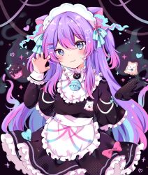 Rule 34 | 1girl, :3, animal ears, apron, bell, blue eyes, blue hair, blush, bow, brooch, capelet, cat ears, cat girl, claw pose, commentary, cookie, cross, cupcake, dress, fang, food, frilled capelet, frilled dress, frilled shirt collar, frills, hair ornament, hairclip, hand up, highres, jewelry, kokoshira 0510, long hair, looking at viewer, maid, maid headdress, multicolored hair, neck bell, original, pink hair, purple hair, ribbon, smile, solo, stitched face, stitches, two side up, very long hair, waist apron, wings