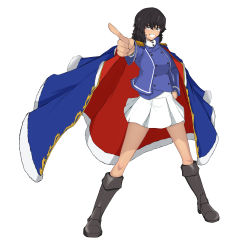Rule 34 | 1girl, absurdres, andou (girls und panzer), bc freedom military uniform, black eyes, black footwear, black hair, blue cape, blue jacket, blue vest, boots, cape, commentary request, dark-skinned female, dark skin, dress shirt, french commentary, girls und panzer, grin, hand on own hip, high collar, highres, jacket, knee boots, long sleeves, looking at viewer, medium hair, messy hair, military, military uniform, miniskirt, mixed-language commentary, partial commentary, pleated skirt, pointing, pointing at viewer, red cape, shibainutank, shirt, simple background, skirt, smile, solo, standing, textless version, two-sided cape, two-sided fabric, uniform, vest, white background, white shirt, white skirt