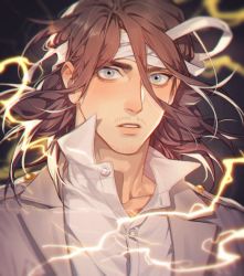 Rule 34 | 1boy, anderain, bandages, brown hair, coat, collared shirt, eren yeager, facial hair, goatee, green eyes, lightning, looking at viewer, male focus, medium hair, aged up, portrait, shingeki no kyojin, shirt, solo, stubble, thick eyebrows, undershirt, upper body, white shirt