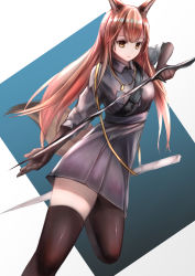 Rule 34 | 1girl, absurdres, animal ears, arknights, breasts, brown eyes, brown hair, dress, female focus, fox ears, fox tail, franka (arknights), gloves, highres, holding, holding weapon, id card, long hair, looking at viewer, nana kamiii, sheath, solo, tail, thighhighs, weapon