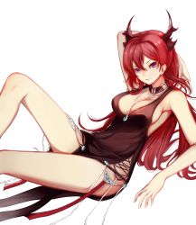 Rule 34 | 1girl, arknights, arm behind head, arm support, bare shoulders, between breasts, black collar, black dress, breasts, collar, demon horns, dress, hair between eyes, highres, horns, jewelry, large breasts, long hair, looking at viewer, lying, necklace, nui gurumi, on back, pelvic curtain, purple eyes, red hair, simple background, solo, surtr (arknights), thighs, transparent background, very long hair, white background