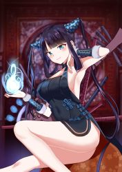 Rule 34 | 1girl, absurdres, armpits, ass, bare shoulders, black dress, blue eyes, blue fire, blunt bangs, blurry, blurry background, blush, breasts, china dress, chinese clothes, cleavage, closed mouth, covered navel, detached sleeves, dress, fate/grand order, fate (series), fire, floral print, flute, hair ornament, hand up, highres, instrument, iro (boo iro), large breasts, long hair, looking at viewer, multiple torii, pipa (instrument), purple hair, revision, side slit, sidelocks, smile, solo, thighs, torii, twintails, very long hair, yang guifei (fate), yang guifei (second ascension) (fate)