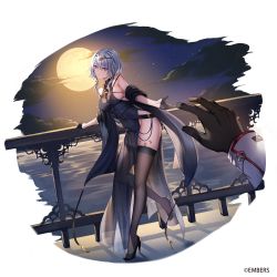 Rule 34 | 1boy, 1girl, ash arms, black footwear, black gloves, black thighhighs, breasts, character request, cloud, company name, copyright notice, crescent, dress, full moon, genyaky, gloves, half gloves, headwear request, high heels, highres, large breasts, looking at viewer, moon, night, night sky, no panties, official art, pelvic curtain, pov, purple eyes, see-through, see-through dress, shawl, short hair, side slit, sidelocks, sky, solo focus, standing, standing on one leg, star (sky), thighhighs, white hair