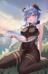Rule 34 | 1girl, absurdres, ahoge, arm at side, atom mtoa, bare shoulders, bell, black bodysuit, blue bow, blue hair, blush, bodystocking, bodysuit, bow, breasts, breath, brown pantyhose, chinese knot, clothes lift, covered navel, cowbell, day, eyelashes, flower knot, ganyu (genshin impact), genshin impact, goat horns, gold trim, grass, hair between eyes, hair bow, half-closed eyes, highres, horns, large breasts, lens flare, leotard, leotard under clothes, lifted by self, long hair, looking at viewer, low ponytail, neck bell, open mouth, outdoors, pantyhose, pelvic curtain, purple eyes, sideboob, sidelocks, sitting, skindentation, sky, solo, tassel, teeth, thighlet, thighs, very long hair, vision (genshin impact), waist cape, wariza