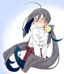 Rule 34 | 10s, 1girl, ahoge, akitetsu, bad id, bad twitter id, blush, from behind, grey hair, grin, kantai collection, kiyoshimo (kancolle), long hair, looking back, school uniform, smile, solo, tears, twintails, very long hair
