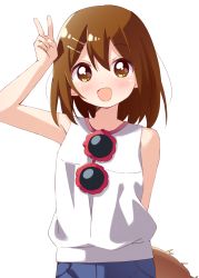 Rule 34 | 1girl, :d, arm up, blush, brown eyes, brown hair, commentary request, hair ornament, hairclip, haru (konomi 150), highres, hirasawa yui, k-on!, looking at viewer, open mouth, shirt, short hair, simple background, sleeveless, smile, solo, v, white background, white shirt