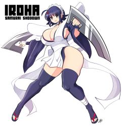Rule 34 | 1girl, apron, blue eyes, blue hair, breasts, cleavage, dual wielding, highres, holding, huge breasts, iroha (samurai spirits), looking at viewer, maid, maid apron, maid headdress, samurai spirits, sideboob, solo, theycallhimcake, thick thighs, thighhighs, thighs