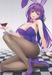 Rule 34 | 1girl, absurdres, animal ears, areola slip, bare shoulders, black pantyhose, bow, breasts, checkered floor, cleavage, cocktail glass, cup, detached collar, drinking glass, fake animal ears, fate/grand order, fate (series), hair ribbon, high heels, highres, large breasts, leotard, long hair, looking at viewer, mukunokino isshiki, open mouth, pantyhose, playboy bunny, purple hair, rabbit ears, red eyes, ribbon, scathach (fate), scathach skadi (fate), seamed legwear, sitting, smile, solo, strapless, strapless leotard, tiara, unmoving pattern, wrist cuffs