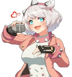 Rule 34 | 1girl, :d, absurdres, black gloves, blue eyes, blush, breasts, brown jacket, collar, commentary request, elphelt valentine, fingerless gloves, gloves, grey hair, grey shirt, guilty gear, guilty gear strive, hand up, heart, highres, holding, holding microphone, jacket, korean commentary, long sleeves, looking at viewer, medium breasts, microphone, open clothes, open jacket, open mouth, pink collar, shirt, simple background, smile, solo, spiked collar, spikes, sprout (haji s), upper body, white background