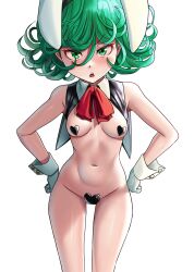 Rule 34 | 1girl, animal ears, blush, breasts, collar, cowboy shot, curly hair, fake animal ears, female focus, gloves, green eyes, green hair, hair between eyes, hands on own hips, highres, looking at viewer, maebari, matching hair/eyes, medium breasts, navel, nico-mo, one-punch man, open mouth, pasties, rabbit ears, shiny skin, short hair, simple background, solo, standing, tatsumaki, teeth, upper teeth only, white background, white gloves, wrist cuffs