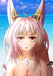 Rule 34 | 1girl, absurdres, animal ears, artist name, artist request, bare shoulders, beach, breasts, cleavage, cloud, crystal, ear covers, facial mark, gem, highres, ilrs (user kzmf4858), jewelry, lips, long hair, looking at viewer, low twintails, medium breasts, nia (blade) (xenoblade), nia (xenoblade), nude, ocean, ribbon, smile, solo, topless, twintails, upper body, very long hair, water, watermark, xenoblade chronicles (series), xenoblade chronicles 2