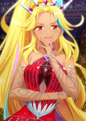 Rule 34 | 1girl, audience, bare shoulders, blonde hair, blue hair, breasts, clothing cutout, commentary request, covering own mouth, dark-skinned female, dark skin, dress, eyeshadow, glowstick, hand over own mouth, hand up, highres, hizuki (hiduki6121), idol, idol clothes, jennifer sumire sol, long hair, looking at viewer, makeup, medium breasts, multicolored hair, navel cutout, open mouth, orange eyes, orange eyeshadow, penlight (glowstick), pink hair, pink lips, ponytail, pretty series, red dress, sleeveless, sleeveless dress, smile, solo, streaked hair, tiara, very long hair, waccha primagi!