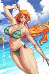Rule 34 | 1girl, bikini, breasts, cleavage, earrings, female focus, highres, jewelry, large breasts, long hair, looking at viewer, matching hair/eyes, nami (one piece), navel, one piece, orange eyes, orange hair, polearm, rim jims, solo, swimsuit, tattoo, weapon