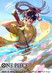 Rule 34 | 1boy, blue hair, blunt bangs, commentary request, copyright name, cowboy shot, dark blue hair, floating hair, glint, hair ribbon, japanese clothes, kikunojo (one piece), kimono, looking to the side, male focus, official art, one piece, one piece card game, otton, petals, pink petals, ponytail, red lips, red ribbon, ribbon, sash, sheath, sidelocks, smoke, solo, unsheathing, wind, yellow kimono