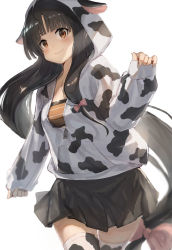 Rule 34 | 1girl, animal hood, animal print, bandeau, black hair, black hakama, brown eyes, closed mouth, cow print, cowboy shot, hakama, hakama short skirt, hakama skirt, hood, japanese clothes, kantai collection, long hair, long sleeves, low-tied long hair, shouhou (kancolle), simple background, skirt, smile, solo, thighhighs, toka (marchlizard), very long hair, white background, white thighhighs