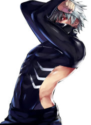 Rule 34 | 10s, 1boy, arms up, black nails, bodysuit, clenched hand, eyepatch, hair over one eye, kaneki ken, looking at viewer, nail polish, red eyes, shiromi (ringo), short hair, skin tight, tokyo ghoul, white hair