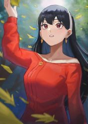 Rule 34 | 1girl, black hair, collarbone, commentary, earrings, emknov, hairband, highres, jewelry, leaf, long sleeves, off-shoulder shirt, off shoulder, red eyes, red shirt, shirt, solo, spy x family, upper body, white hairband, yor briar