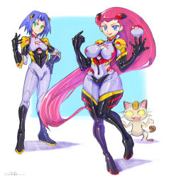 Rule 34 | 1boy, 1girl, blue eyes, blue hair, bodysuit, boots, breasts, creatures (company), earrings, elbow gloves, elbow pads, game freak, gen 1 pokemon, gloves, glowing, glowing eyes, green eyes, hair ornament, hand on own hip, highres, james (pokemon), japanese text, jessie (pokemon), jewelry, latex, latex gloves, latex suit, long hair, meowth, nintendo, oomasa teikoku, poke ball, pokemon, pokemon (anime), pokemon (creature), purple hair, team rocket, thigh boots, thighhighs, very long hair