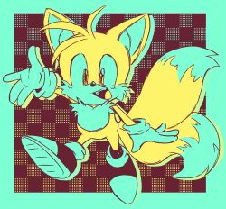 Rule 34 | 1boy, animal ears, animal nose, aqua border, arm up, blush, body fur, border, brown background, checkered background, child, drop shadow, flat color, fox boy, fox ears, fox tail, full body, furry, furry male, gloves, happy, highres, light blush, looking at viewer, male focus, monochrome, multiple tails, open mouth, shoes, sideways mouth, sketch, smile, socks, solo, sonic (series), standing, stellarspin, tail, tails (sonic), teeth, two-tone fur, two tails, wide-eyed, yellow eyes, yellow fur