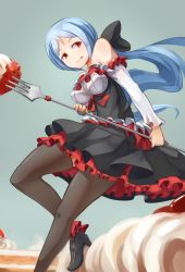 Rule 34 | 1girl, arceonn, bare shoulders, black thighhighs, blue hair, bow, cake, dress, food, fork, frills, fruit, gradient background, hair bow, highres, low ponytail, original, red eyes, solo, strawberry, thighhighs