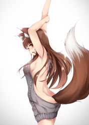 Rule 34 | 1girl, absurdres, animal ears, arms up, ass, back, backless dress, backless outfit, bare back, bare shoulders, breasts, brown hair, butt crack, c (pixiv3064042), cowboy shot, dress, fang, female focus, from behind, grey dress, halterneck, hand on own arm, highres, holo, legs together, long hair, looking at viewer, looking back, medium breasts, meme attire, naked sweater, no bra, no panties, one eye closed, open mouth, red eyes, ribbed sweater, shoulder blades, sideboob, simple background, solo, spice and wolf, stretching, sweater, sweater dress, tail, tearing up, turtleneck, turtleneck sweater, virgin killer sweater, white background, wolf ears, wolf tail