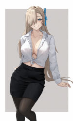 Rule 34 | 1girl, alternate costume, asuna (blue archive), black skirt, blonde hair, blue archive, blue eyes, blue ribbon, border, breasts, clisapex, collarbone, cowboy shot, grin, hair over one eye, hair ribbon, highres, large breasts, long hair, looking at viewer, mole, mole on breast, navel, office lady, pantyhose, pencil skirt, revision, ribbon, shirt, skirt, smile, solo, tied shirt, very long hair, white border, white shirt