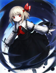 Rule 34 | 1girl, ascot, black footwear, black skirt, black vest, blonde hair, boots, closed mouth, collared shirt, darkness, day, fingernails, hair between eyes, hair ribbon, highres, long sleeves, red ascot, red eyes, red ribbon, ribbon, rumia, shirt, short hair, skirt, smile, solo, spark621, touhou, umbrakinesis, vest, white shirt