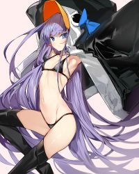 Rule 34 | 1girl, absurdres, animal hood, armpits, arms up, bikini, black bikini, black footwear, black jacket, black thighhighs, blue bow, blue eyes, blush, boots, bow, breasts, closed mouth, collarbone, commentary request, fate/grand order, fate (series), groin, highres, hood, hood up, hooded jacket, jacket, long hair, long sleeves, looking at viewer, meltryllis, meltryllis (fate), meltryllis (swimsuit lancer) (fate), meltryllis (swimsuit lancer) (first ascension) (fate), navel, open clothes, open jacket, penguin hood, purple hair, revision, silver (chenwen), small breasts, solo, swimsuit, thigh boots, thighhighs, very long hair