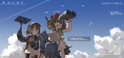 Rule 34 | 2girls, amonitto, binoculars, bird, black gloves, black hair, black pantyhose, blue sky, brown eyes, brown hair, character name, closed mouth, cloud, day, dress, gloves, goggles, grey neckerchief, hat, headgear, highres, holding, jacket, kantai collection, multiple girls, neckerchief, open clothes, open jacket, open mouth, orange neckerchief, original, pantyhose, ponytail, rigging, sailor dress, skirt, sky, teeth, translation request, turret, upper teeth only, white dress, white skirt, yukikaze (kancolle)