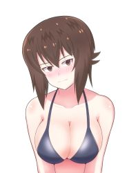 Rule 34 | 1girl, bikini, black bikini, blush, breasts, brown eyes, brown hair, cleavage, closed mouth, frown, girls und panzer, halterneck, head tilt, iteza (flapper girl 25), looking at viewer, nishizumi maho, short hair, simple background, solo, swimsuit, upper body, white background