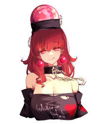 Rule 34 | 1girl, black shirt, breasts, chain, cleavage, closed mouth, clothes writing, earrings, hair between eyes, hecatia lapislazuli, highres, jewelry, large breasts, medium hair, off-shoulder shirt, off shoulder, raptor7, red eyes, red hair, shirt, simple background, smile, solo, t-shirt, tongue, tongue out, torn clothes, torn shirt, touhou, upper body, white background