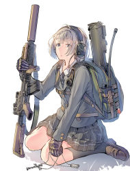 Rule 34 | 1girl, assault rifle, backpack, bag, belt, black jacket, black necktie, black skirt, black socks, blazer, brown footwear, buttons, collared shirt, commentary request, cross, daito, dog tags, full body, gloves, grey eyes, gun, hair ornament, hairclip, hand up, headphones, highres, holding, holding gun, holding weapon, jacket, kneehighs, loafers, long sleeves, looking at viewer, m4 carbine, m72 law, man-portable anti-tank systems, miniskirt, necktie, original, parted lips, pleated skirt, rifle, rocket launcher, school uniform, scope, shirt, shoes, short hair, sidelocks, silver hair, simple background, sitting, skirt, socks, solo, strap, striped necktie, striped neckwear, suppressor, undershirt, walkie-talkie, wariza, weapon, weapon request, white background, white shirt, wing collar