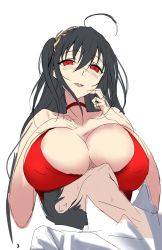 Rule 34 | 1boy, 1girl, absurdres, ahoge, alternate costume, azur lane, bare shoulders, black hair, blush, breast rest, breast suppress, breasts, breasts on head, choker, cleavage, cocktail dress, coda (simon1995), collarbone, commander (azur lane), covered erect nipples, dress, gold, hair between eyes, hair ornament, hand up, heart, hetero, highres, large breasts, long hair, looking at viewer, military, military uniform, open mouth, red choker, red dress, red eyes, short hair, sidelocks, smile, spoken heart, sweat, taihou (azur lane), taihou (forbidden feast) (azur lane), uniform, very long hair