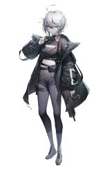 Rule 34 | 1girl, anubis (destiny child), arm at side, artist request, black bra, black jacket, black shorts, blue eyes, boots, bra, breasts, character request, crop top, destiny child, full body, grey footwear, grey hair, gun, hand up, holding, holding gun, holding weapon, jacket, medium breasts, official art, pantyhose, parted lips, see-through, short hair, shorts, simple background, solo, standing, transparent background, underwear, weapon