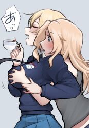 Rule 34 | 2girls, absurdres, blonde hair, blue eyes, blush, commentary, cup, darjeeling (girls und panzer), english commentary, girls und panzer, grabbing, grabbing another&#039;s breast, grabbing from behind, highres, holding, jacket, kay (girls und panzer), long hair, long sleeves, m1saki 1, midriff, multiple girls, necktie, open mouth, pleated skirt, school uniform, short hair, skirt, st. gloriana&#039;s school uniform, teacup, yuri