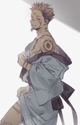 Rule 34 | 1boy, adam&#039;s apple, arm tattoo, bikkusama, chest tattoo, collarbone, condom, condom in mouth, condom wrapper, extra eyes, facial mark, facial tattoo, fang, fangs, forehead tattoo, highres, japanese clothes, jujutsu kaisen, kimono, leg tattoo, long sleeves, mouth hold, neck tattoo, off shoulder, parted lips, pectorals, pectorals, pink hair, red eyes, ryoumen sukuna (jujutsu kaisen), sharp teeth, short hair, shoulder tattoo, sleeves past elbows, smile, solo, spiked hair, tattoo, teeth, thighs, undercut, undressing, white background, white kimono, wide sleeves, wrist tattoo